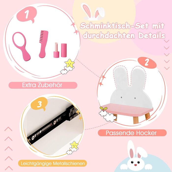 Дитячий туалетний столик COSTWAY з дизайном зайчика, 2-в-1 зі дзеркалом, 2 шухляди та полиця, туалетний столик для дівчаток з масивними дерев'яними ніжками (білий)