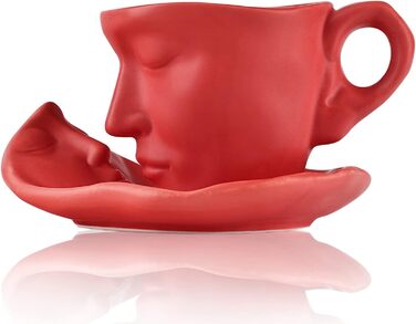 Набір чайних чашок і блюдців, керамічний набір кавових чашок для пар, що цілуються з ложечкою, кавова чашка з обличчям, унікальна чайна чашка і блюдце, креативний подарунок на день Святого Валентина, Різдво (червоний)