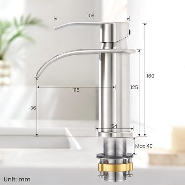Змішувач для ванної CECIPA, нержавіюча сталь, висота виливу 86 мм, для ванної кімнати