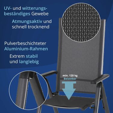 Садовий стілець KHG Складаний стілець Alu з високою спинкою, регульована спинка в 8 напрямках з підлокітником, антрацитово-сірий атмосферостійкий до іржі, 120 кг з можливістю завантаження, балконний стілець, попередньо зібраний, пластикова тканина (4 шт. 