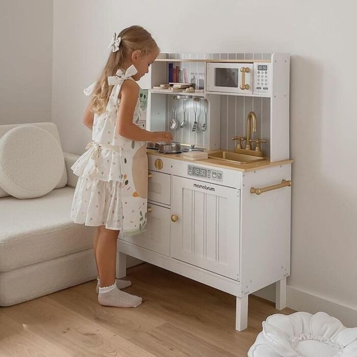 Дерев'яна дитяча кухня Mamabrum з LED-підсвічуванням - іграшковий кухонний набір з висотою, що регулюється, з приготуванням кубиків льоду, мікрохвильовою піччю, плитою та посудомийною машиною - іграшка для дітей від 3 років (Білий)
