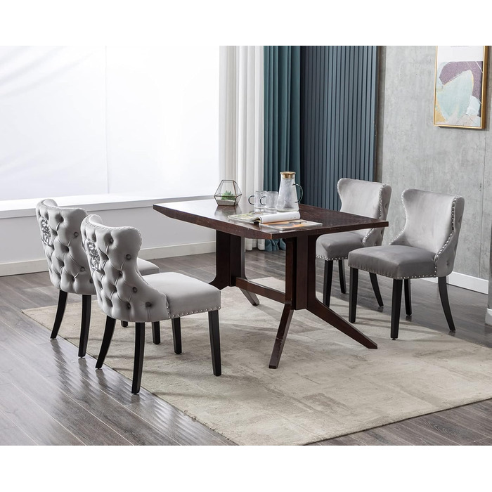 Крісла для їдальні з велюру, комплект 4 шт. - зручні кухонні крісла для вітальні, без підлокітники, на дерев'яних ніжках (Сірий-4)