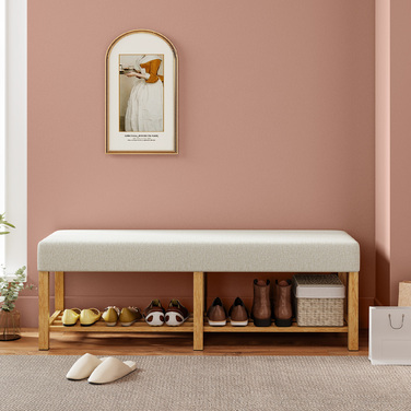 Взуттєва шафа 140 см з масиву дерева, сучасна шафа для передпокою з м'яким сидінням на двох осіб, натуральне дерево та кремово-білий колір