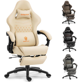 Ігровий крісло Dowinx з регульованою підніжкою, масажером попереку та офісним комфортом, до 200 кг, 165° нахил спинки, бежевий