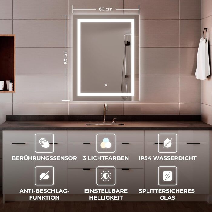 Дзеркало для ванної кімнати BR Bringer LED з підсвічуванням, 60x80 см, антизапарник, диммування, 3 кольори світла, сенсорне управління, функція пам'яті (BRS102)