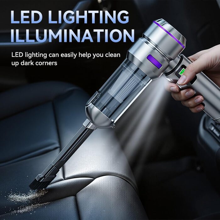Акумуляторний ручний пилосос 24000Па для авто та дому, бездротовий міні-пилосос з функцією повітряного насоса та обдуву, 6000mAh, сріблясто-фіолетовий