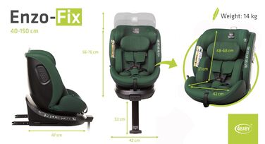Дитяче крісло ENZO-FIX на 360 Isofix зі стабілізуючою ніжкою, I-Size з додатковим бічним захистом (темно-зелений)