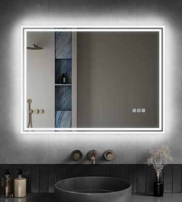 Дзеркало для ванної кімнати LOMIKEN з підсвічуванням, 60x50x3,5 см, LED, 6400K, холодний білий, економія енергії, вертикальне/горизонтальне кріплення, вимикач, захист від запотівання, 3 колірні температури