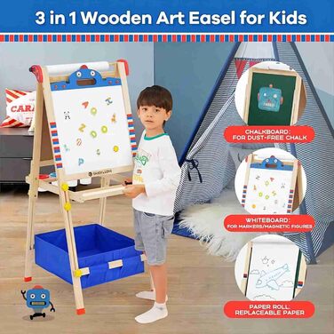 Дитяча мольберт Kinder Staffelei з двома сторонами, регульована висота, з роликом для паперу, аксесуари, підставка для речей (робот)