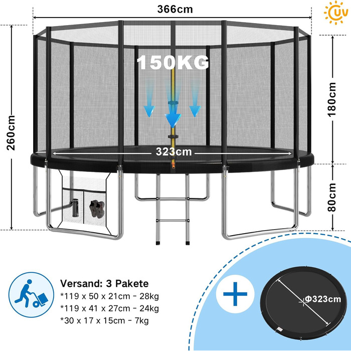 Батут Devoko вуличний 366 см з захисною сіткою, драбиною та м'яким покриттям. Сертифікат GS. Батут для дітей та саду.