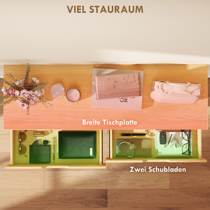 Вузький консольний столик з 2 висувними ящиками, металевим каркасом, для передпокою 110 x 35 x 76,5 см, колір: натуральний дуб