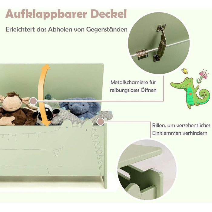 Дерев'яна іграшкова скриня DREAMADE, 60x33x37,5 см, стільчик для дитини, ящик для іграшок з кришкою, дитяча скриня, органайзер для дитячої кімнати (зелений)