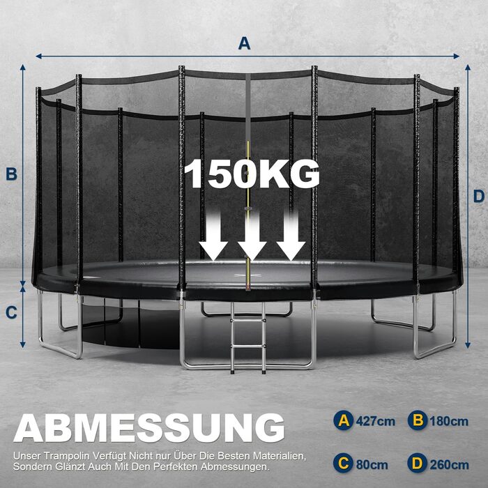 Батут JUMMICO вуличний Ø427 см з драбиною та сіткою захисту, чорний - для дітей та дорослих, сертифікат GS