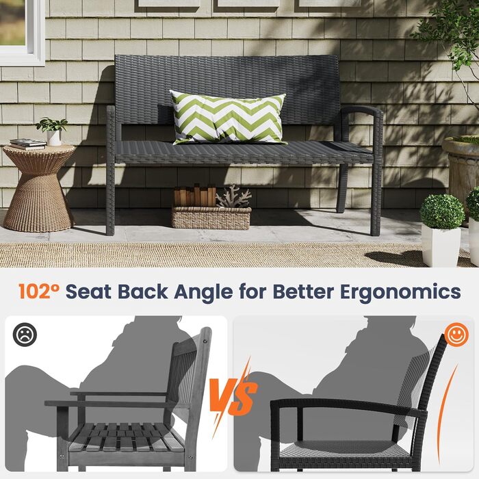 Садова лавка Udpatiо з ротангу для тераси, балкона та саду, чорна 123x63x86 см, витримує до 320 кг