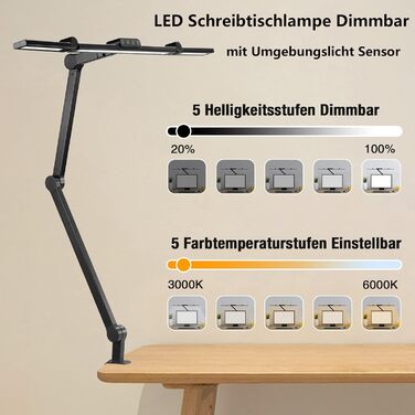 Світлодіодна настільна лампа, 24 Вт складна, затискна, автоматичне затемнення, 5 колірних температур, чорний