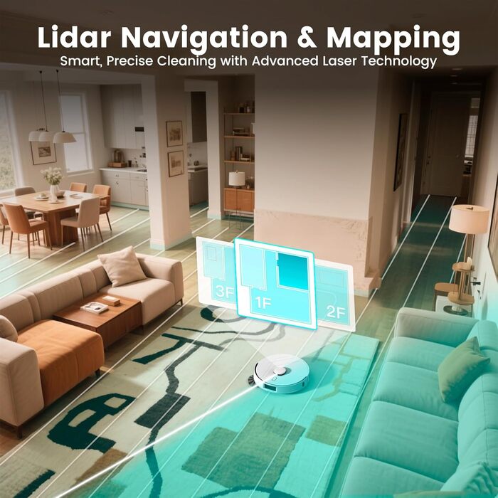 Робот-пилосос AIRROBO T30+ з функцією миття, LiDAR навігація, 6000Pa, 3.5L пилозбірник, 240 хв роботи, керування через додаток, білий малюнок