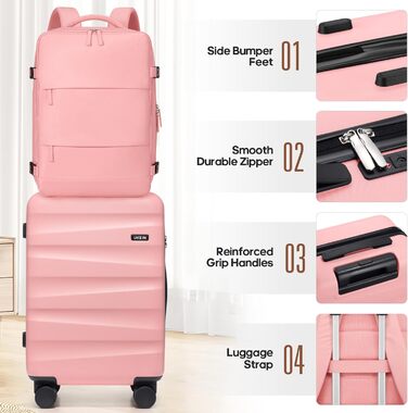 Набір валіз з рюкзаком UKEIN: рожевий, 3 шт. (20 дюймів), з полікарбонату, з TSA-замком, з обертовими колесами, сумісний з авіакомпаніями