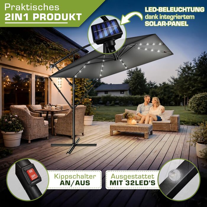 Прямокутна алюмінієва сонячна парасолька tillvex® 330 см з LED-підсвіткою, ручкою та чохлом, антрацит — підвісна садова парасолька з захистом від UV та вітру