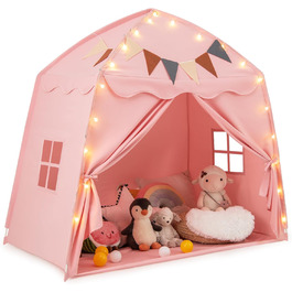 Дитячий ігровий будиночок COSTWAY, намет для дітей з прапорцями та гірляндою, намет принцеси, великий намет у дитячу кімнату для хлопчиків та дівчаток від 3 років, 157 x 98 x 148 см (Рожевий)