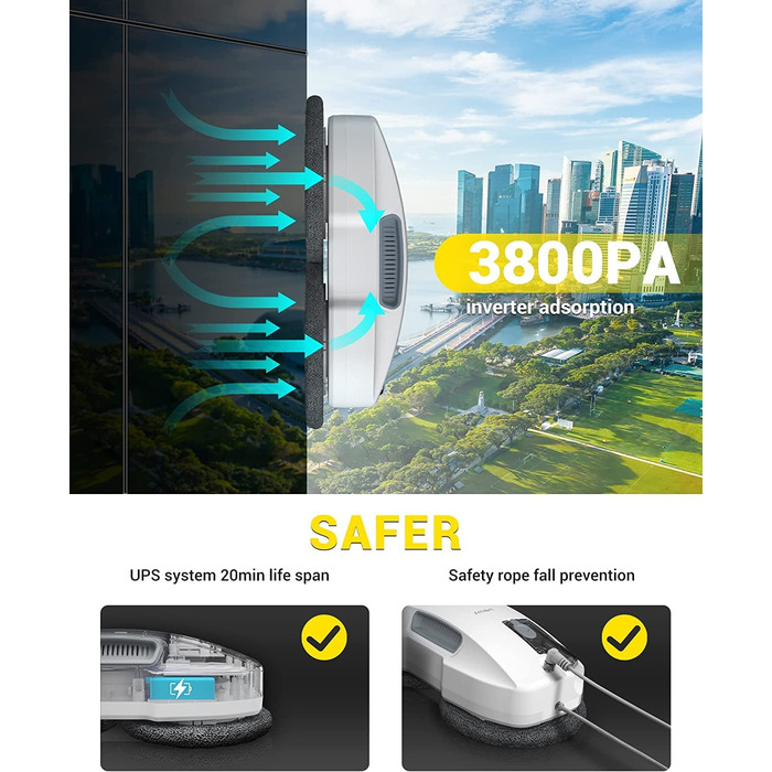 Робот для миття вікон Fmart T9, 3800PA, потрійна система безпеки, інтелектуальна навігація, дистанційне керування