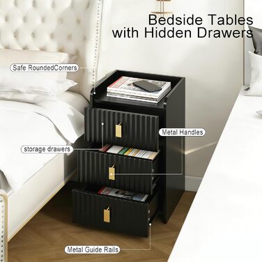 Нічний столик з 3 шухлядами, дерев'яний, з різьбленою передньою частиною, чорний. Нічний столик для спальні, вітальні, легко збирається.