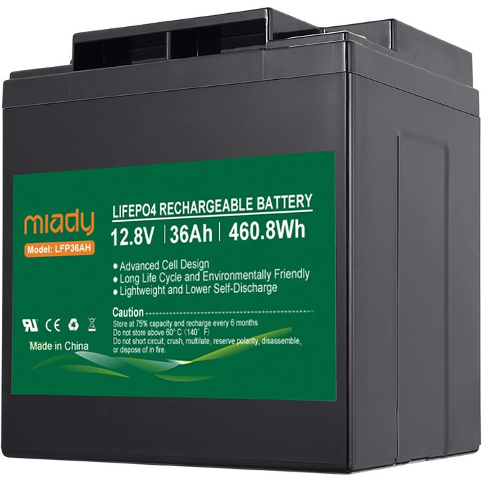 Акумулятор Miady 12V LiFePO4 із захистом BMS, 3000 циклів, для сонячної системи, ехолота, автофургону, човна (36 Ач)