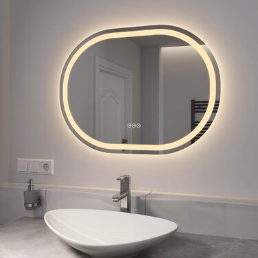 Дзеркало для ванної кімнати EMKE з підсвічуванням 80x60 см, сенсорне управління, антизапар, 3 кольори світла, регулювання яскравості, функція пам'яті, енергозберігаюче, овальне дзеркало