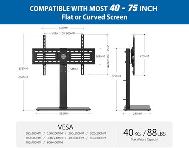 Підставка для телевізора FITUEYES 40-75'' (LCD/LED/OLED/Plasma), до 40 кг, регулювання висоти, VESA 600x400 мм, для плоских і вигнутих екранів
