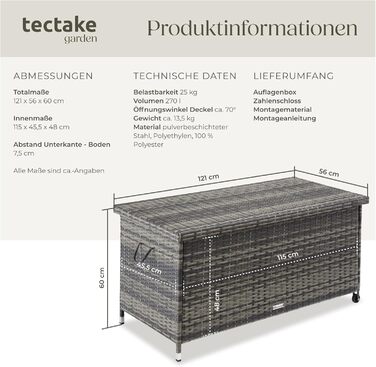 Скриня для подушок Tectake з ротангу (сіра), 270л, водонепроникна, з замком, на колесах для саду, тераси, балкону