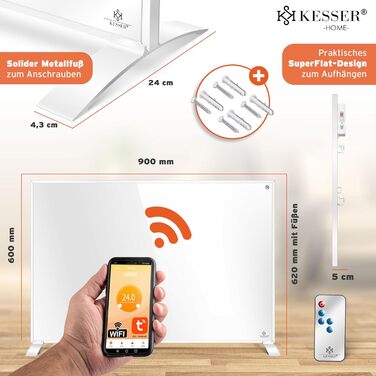 Інфрачервоний обігрівач KESSER 550Вт: електрична панель з дистанційним керуванням, термостатом та App-керуванням (настінний/підлоговий), білий