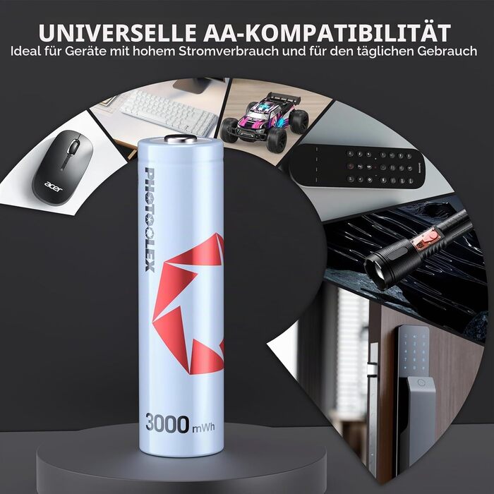Акумулятори PHOTOOLEX AA Li-ion 1.5V 3600mWh, набір 8 шт. з зарядним пристроєм та кейсом для зберігання, високої ємності