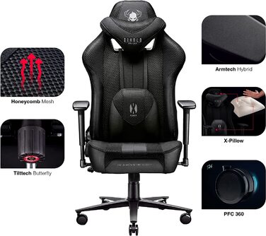 Ігрове крісло Diablo X-Player 2.0, тканина, 3D підлокітники, ергономічне, подушки для шиї та попереку, з функцією гойдання, чорне, розмір XL