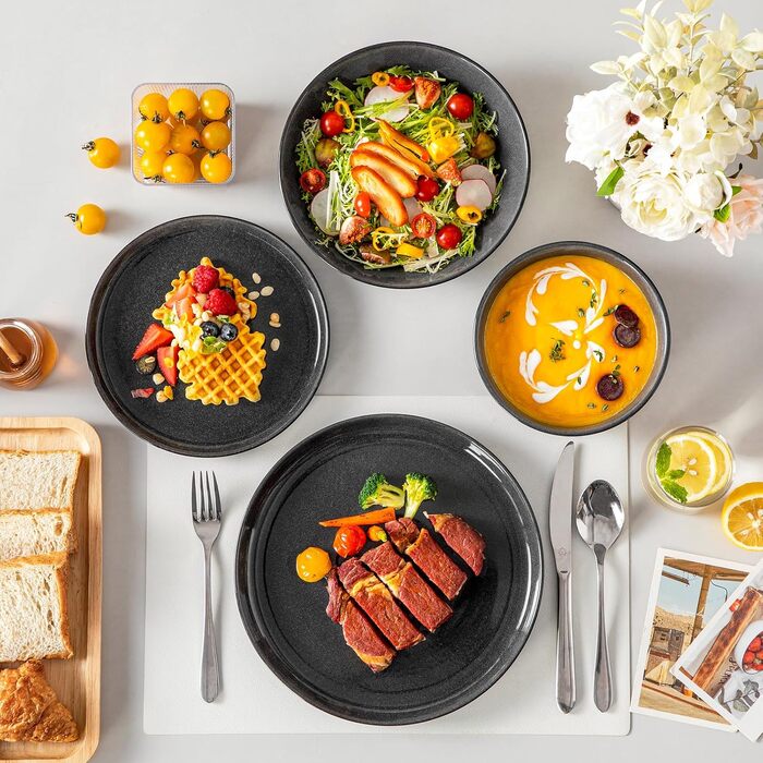 Набір керамічного посуду vancasso ANYA сірий, обідній сервіз на 6 осіб, 24 предмети (тарілки для основної страви, супові, десертні та піали), придатний для мікрохвильової печі та посудомийки
