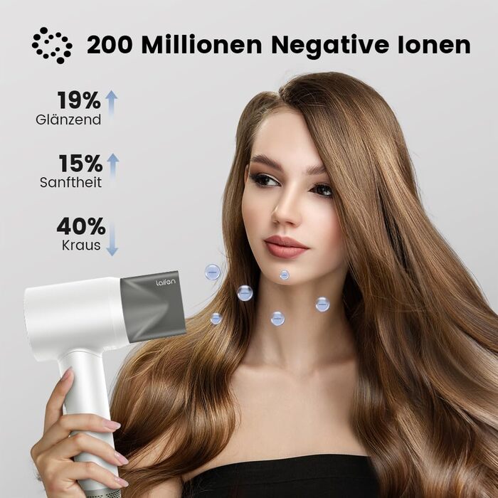 Фен Laifen з 200 мільйонів негативних іонів, Swift Special для подорожей, 110 000 об/хв, безщітковий мотор, швидке сушіння, тихий, з насадкою-дифузором (білий)