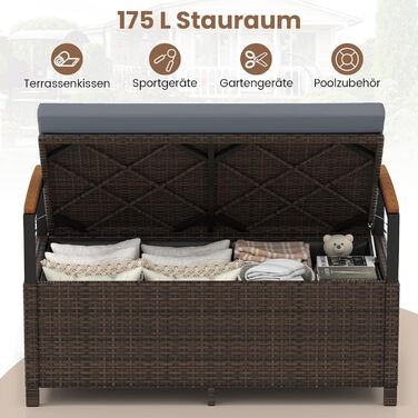 Лавка садова Costway з ротангу Polyrattan, з ящиком для зберігання, 2-місна, сіра (120x61x84 см) для балкона, тераси, саду з подушками