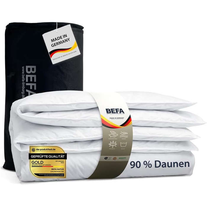BEFA NATUR Daunendecke 'Ганцйар' 135x200 см: 90% пух, 10% перо, 624г, для алергіків, сертифікат DOWNPASS, Oeko-Tex® Клас 1, Made in Germany