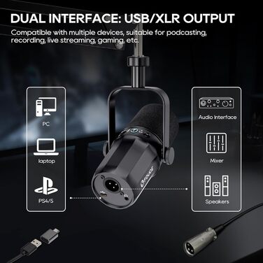 Динамічний мікрофон FDUCE SL40+ для подкастів, USB/XLR, набір для геймінгу та стримінгу з кронштейном, вихід для навушників, кнопка вимкнення звуку, регулятор гучності