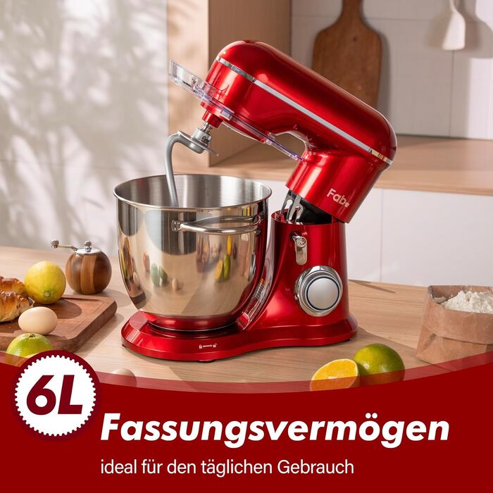 Кухонний комбайн Kitchen in the box Fab-Serie 6L: потужний планетарний міксер 1300 Вт, 10 швидкостей, з набором насадок (гак, вінчик, міксер), червоний