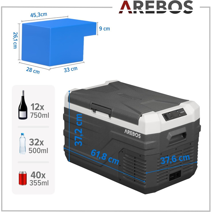 Автомобільний компресор-холодильник Arebos 26л з Wi-Fi та USB: -20°C, 12/24V/230V для авто, кемпінгу