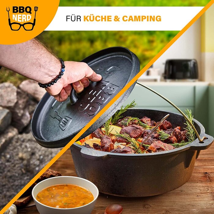 Голландська піч BBQ-Nerd 'Starter' 3.1L з ніжками - готова до використання, попередньо оброблена - чавунний котелок, жаровня з кришкою та підйомником кришки - вогнестійкий котелок для гриля та кемпінгу, котелок для гриля 'Starter' з ніжками 3.1 літр