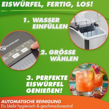Машина для льоду Nutrilovers NUTRI-ICE MAKER з нержавіючої сталі: прозорий лід двох розмірів (S/L) + келих для Moscow Mule та кулінарна книга