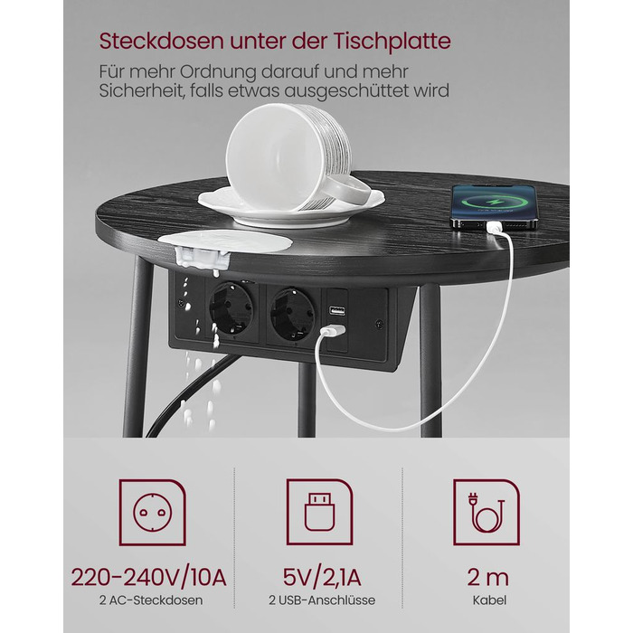 Журнальний столик із зарядною док-станцією та розеткою - чорне дерево + сланцево-сірий