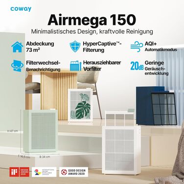 Очищувач повітря Coway AIRMEGA 150 для дому та спальні, зелений — HEPA-фільтр від алергенів, шерсті тварин та пилку, CADR 281 м³/год, нічний режим 20 дБ