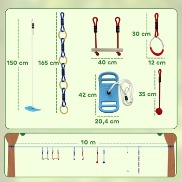 Набір для Slackline Ninja Line Kinder 10м, 9-елементний, з 2 кільцями для гімнастики та 3-в-1 гойдалкою, 2 турніками для дітей 3-8 років, багатокольоровий
