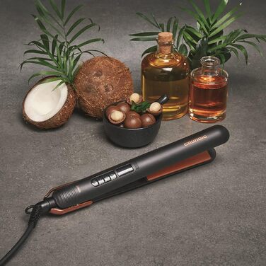 Випрямляч для волосся GRUNDIG Naturashine HS 7030, іонний, керамічний, 6 режимів, 130–230°C, захист волосся, чорний/рожеве золото