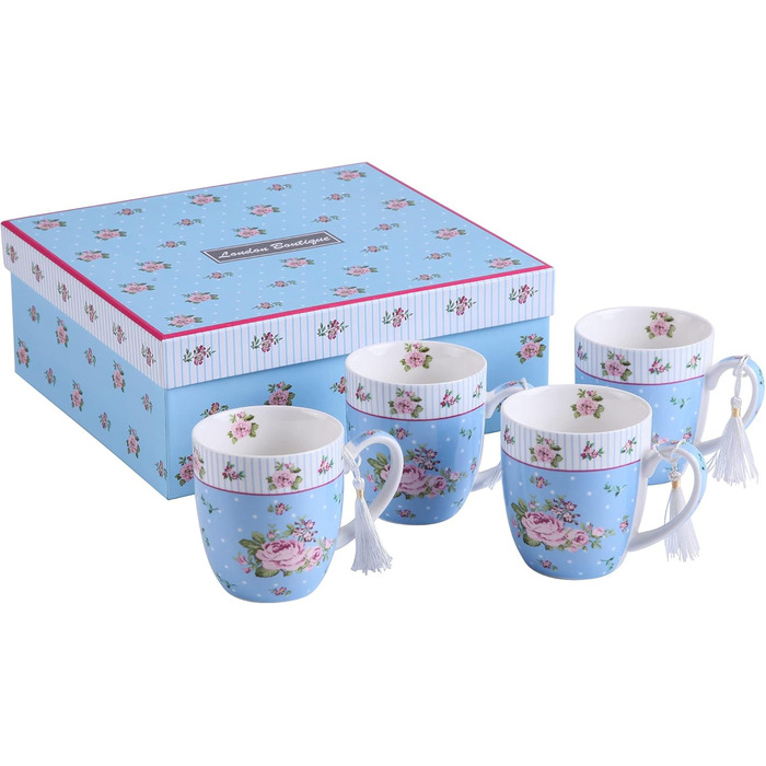 Набір чашок для кави London Boutique K414, 330 мл, рожевий, 4 шт. (Rose Blue), Porzellan, Vintage/Retro стиль