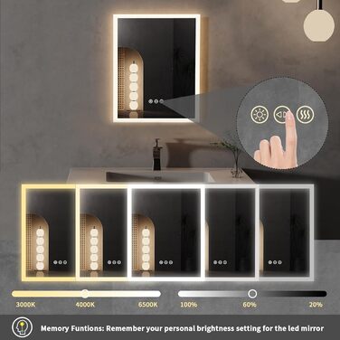Дзеркало для ванної кімнати LED LUVODI 40x50 см з підсвічуванням, сенсорне керування, 3 кольори, регулювання яскравості, антизапарник