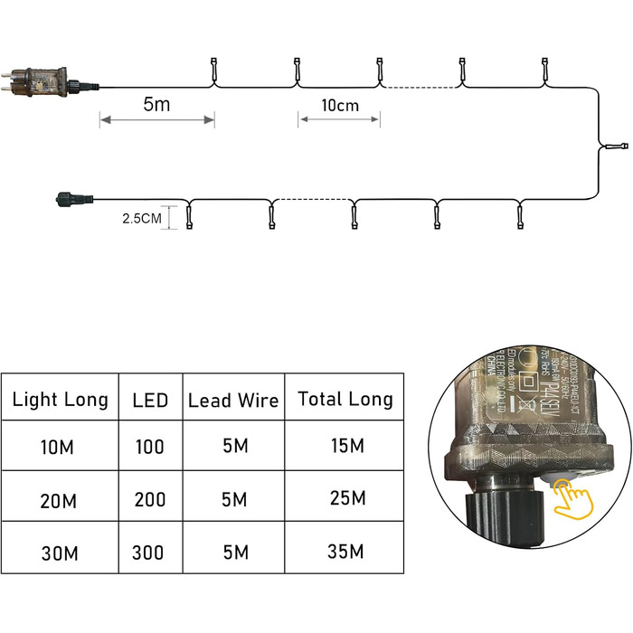 Світлодіодна гірлянда для ялинки 30м 300 LED, багатоколірна та тепло-біла, 11 режимів роботи