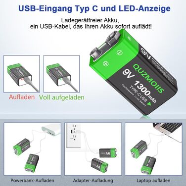 Акумулятор 9V Li-ion 1300mAh з USB-C зарядкою, перезаряджувана батарея типу «Крона» для мультиметрів та датчиків диму (2 шт)