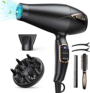 Потужний фен для волосся GLAM Profi 2300 Вт з іонізацією, AC-мотором, 2 швидкостями, 3 температурними режимами, холодним обдувом, дифузором і концентратором, чорний – професійна сушка волосся
